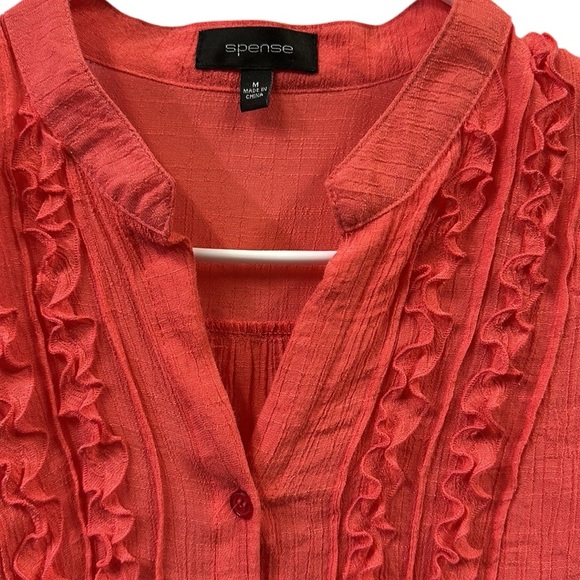 Spense Rayon Long Roll Tab Sleeve Button Up Ruffled Textured Tunic Blouse Medium - Picture 11 of 14